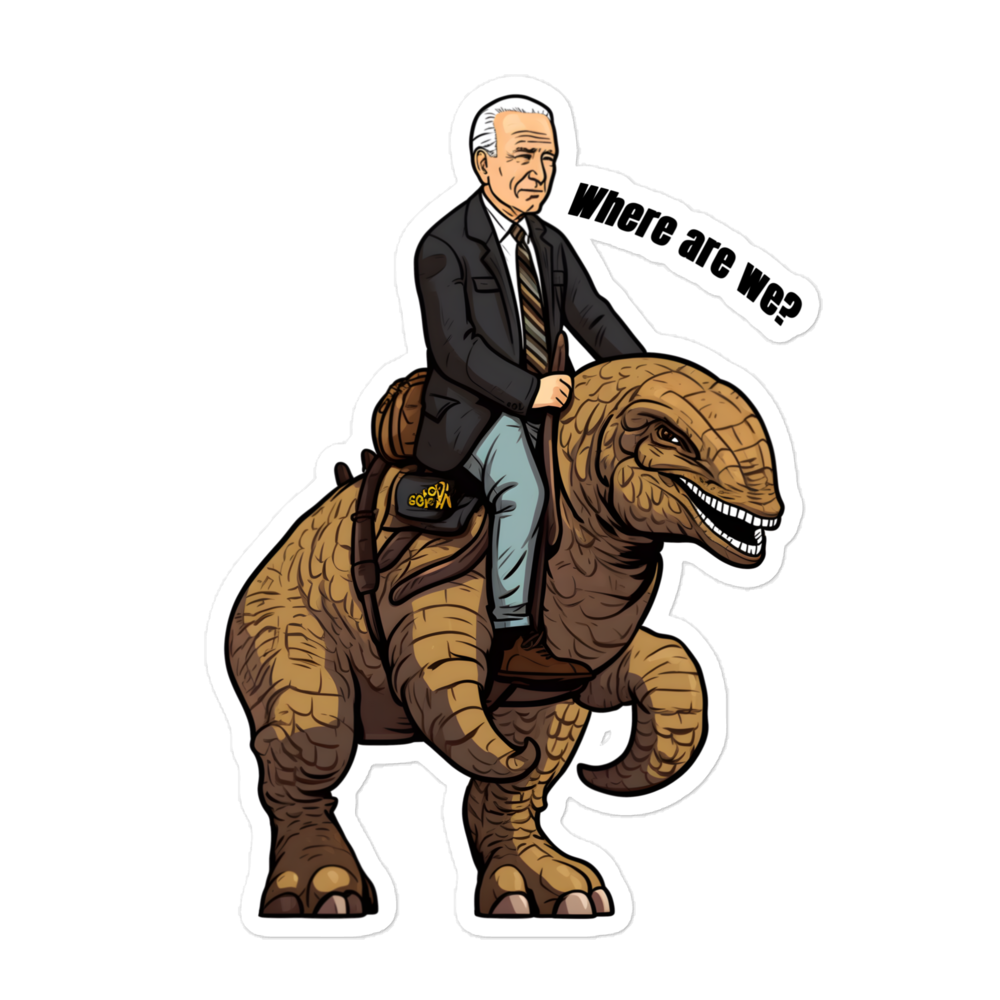 Joe Biden Confused Riding A Dinosaur Bubble-free stickers